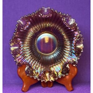 Antique‎ Northwood Iridescent Amethyst Stippled Rays Carnival Glass Ruffled Bowl